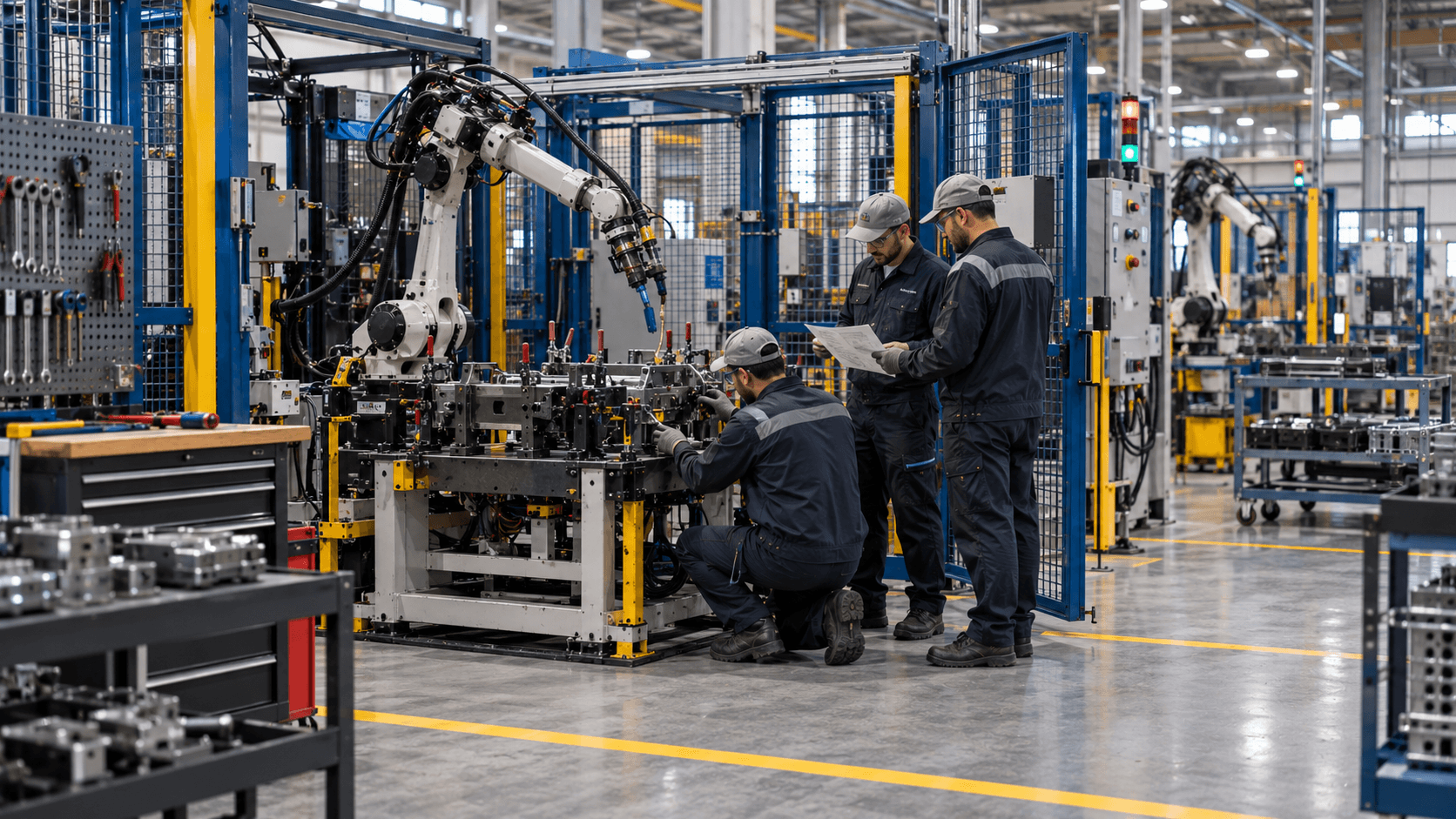 Plant crew at a production cell — same standard for operators and maintenance