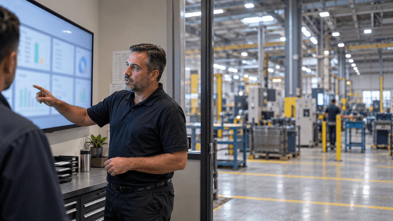Maintenance and operations reviewing close-out on the shop floor