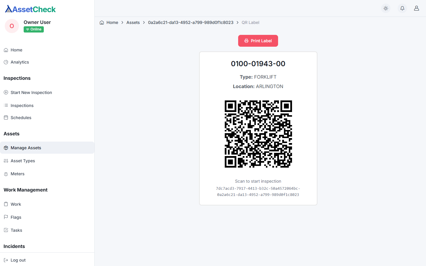 The printable asset QR label — asset code, type, and location above the QR code, with a Print Label button