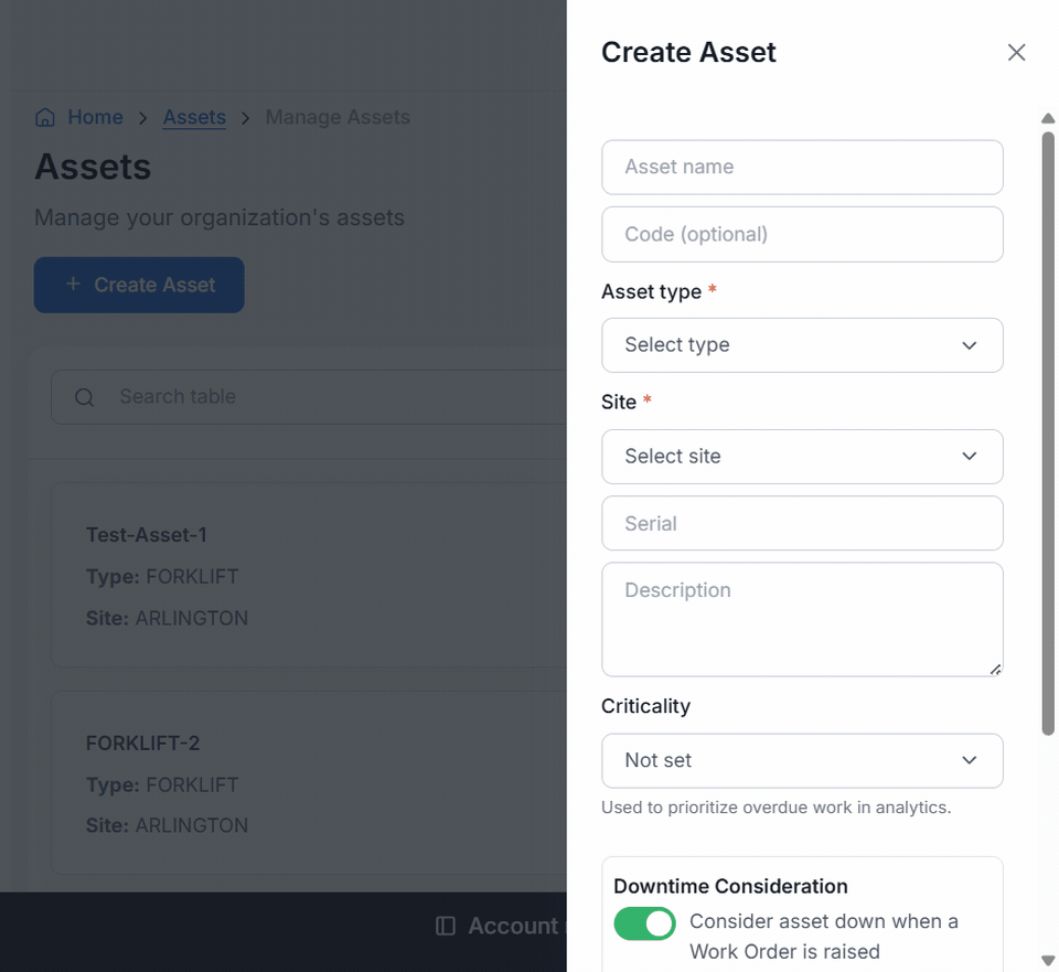Creating an asset: opening Create Asset, entering name and code, choosing type and site, then seeing the new asset on the list