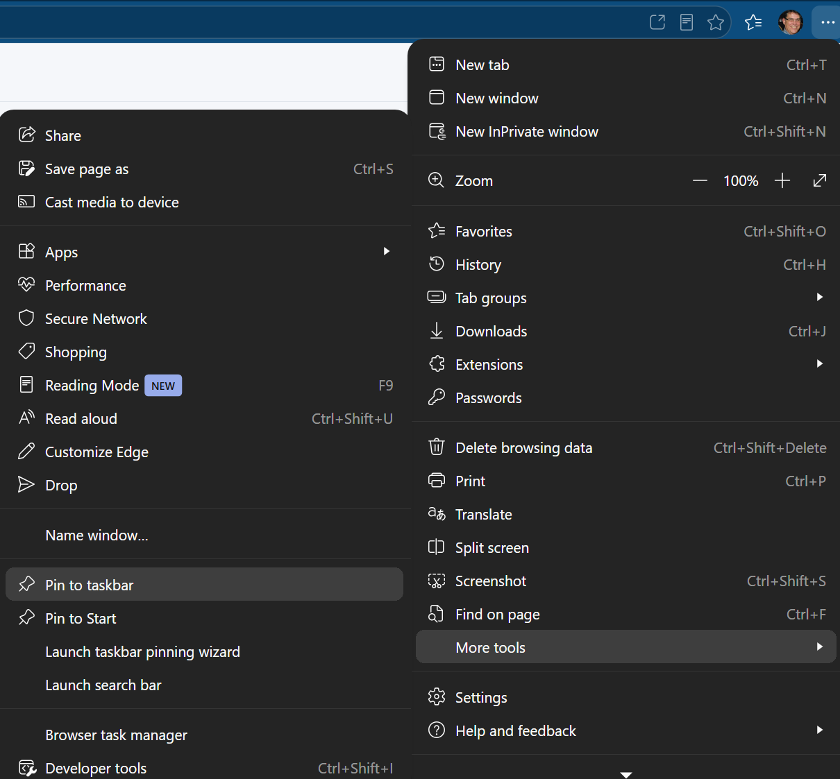 The desktop browser menu open at More tools, with Pin to taskbar highlighted