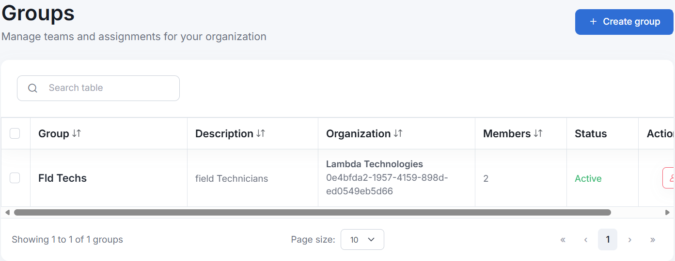 The Create Group page, with fields for the group name and description