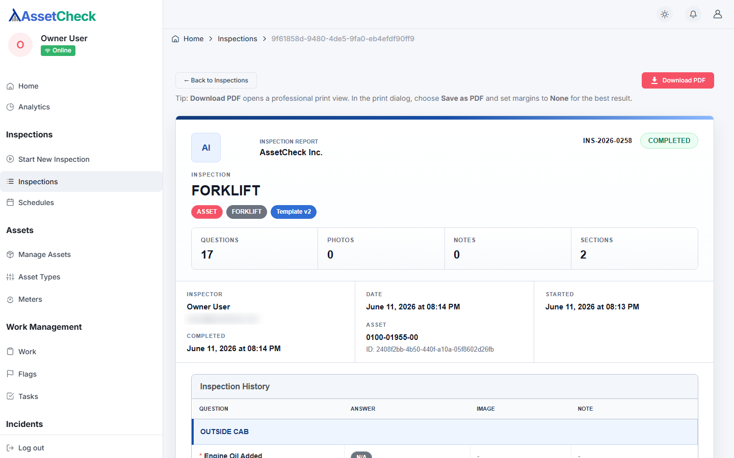 A completed inspection open on its detail page, with the Download PDF action