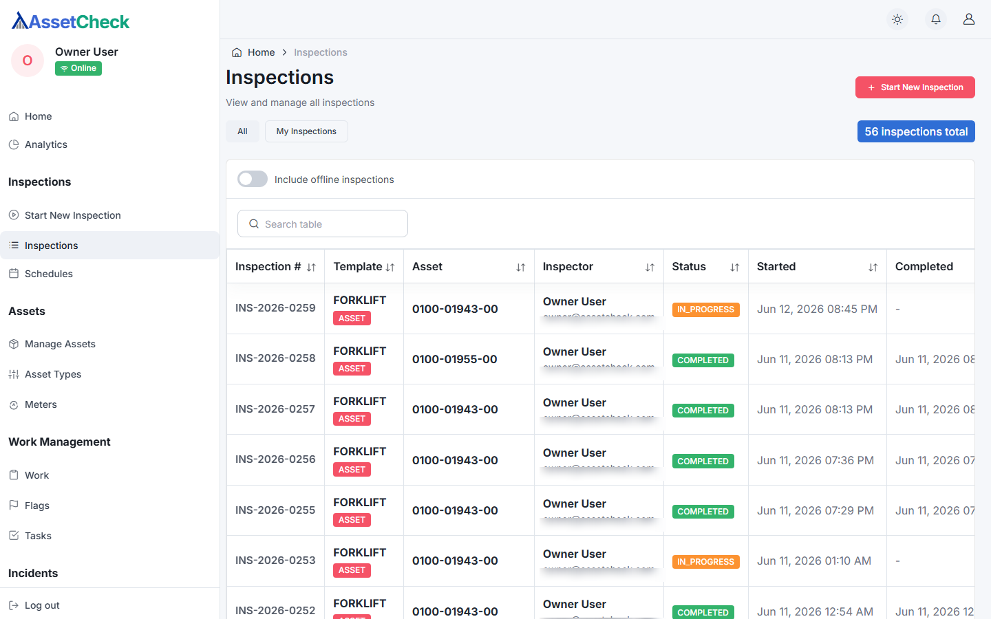 The inspections list showing inspection number, template, asset, inspector, status, and dates