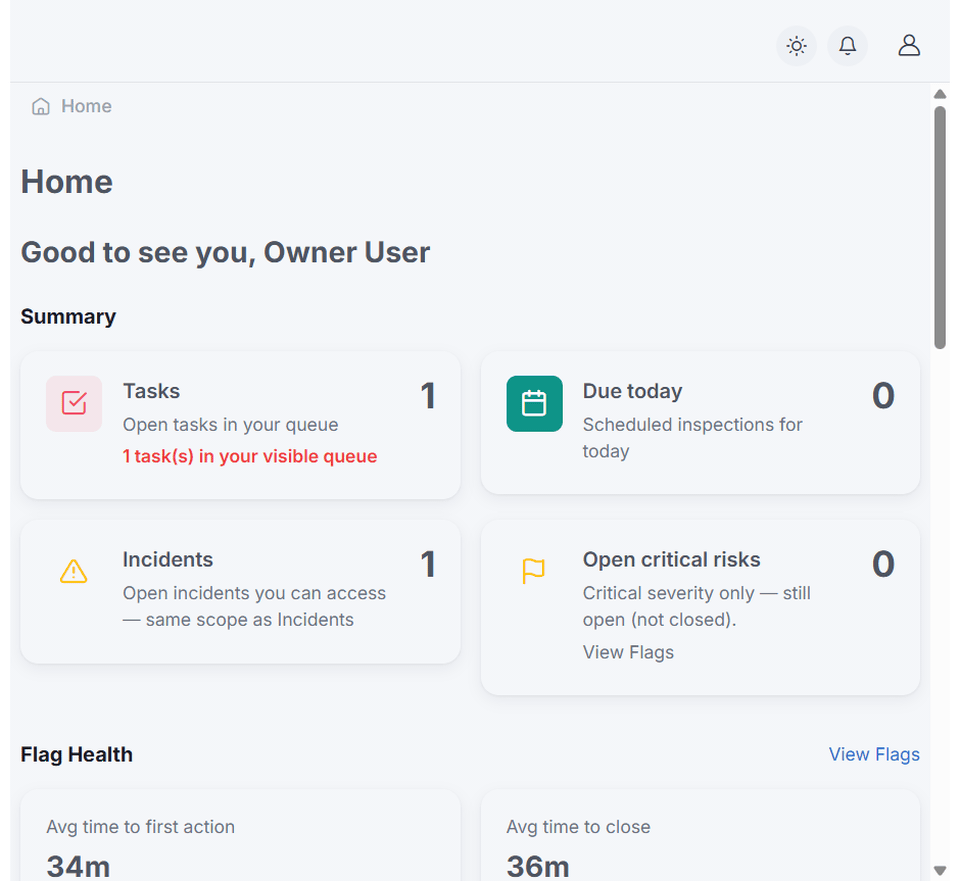 Home dashboard showing summary cards for tasks, due today, incidents, and flag health metrics.