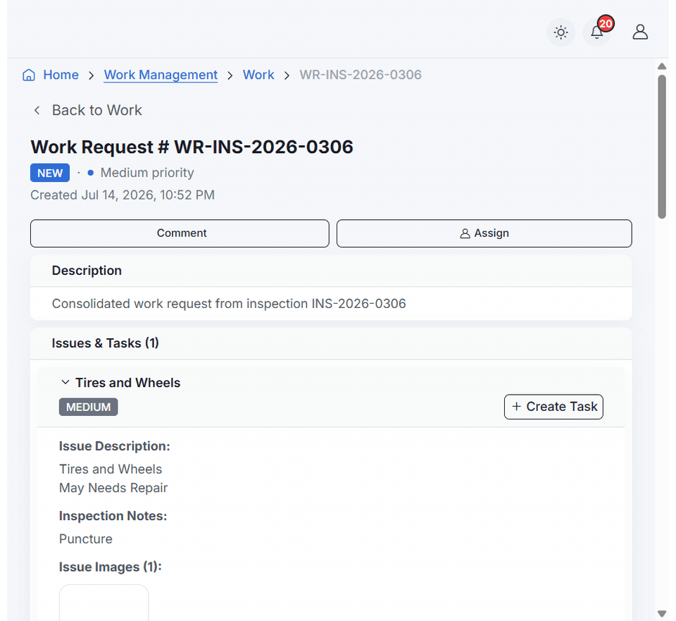 A forklift work request opened to its detail: status and priority, Comment and Assign actions, and an Issues & Tasks section with Create Task for the flagged item.