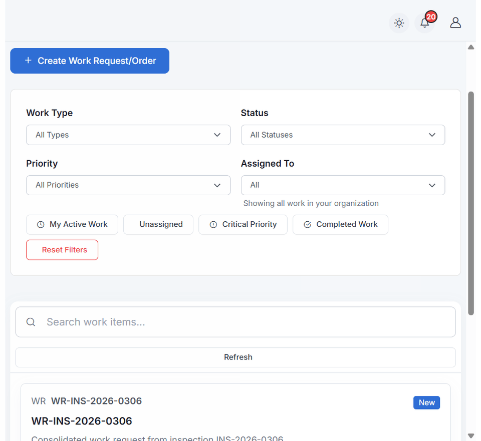 The Work Management list with Work Type, Status, Priority, and Assigned To filters, showing the work request raised from the forklift inspection.