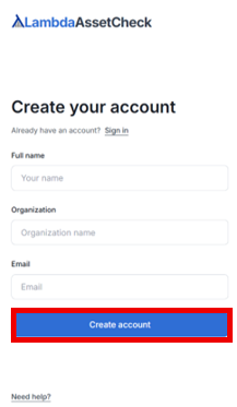 The Create your account form, with fields for full name, organization, and email