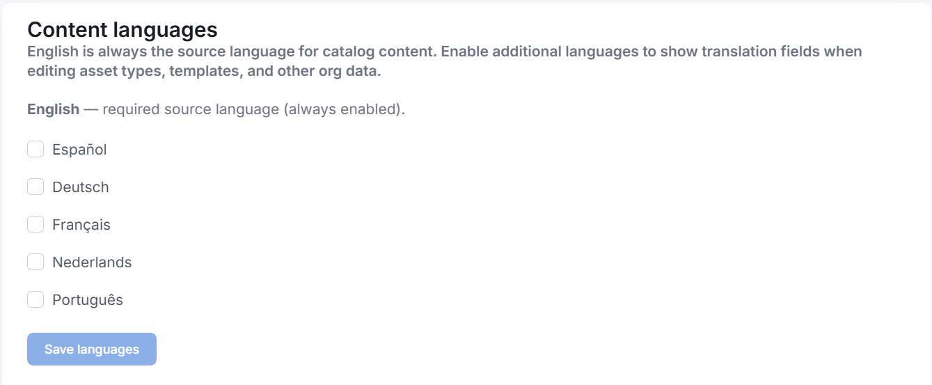 The Content languages section, with English as the required source language and checkboxes to enable Spanish, German, French, Dutch, and Portuguese
