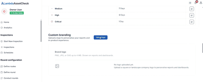 Uploading a company logo in the Custom branding section — the empty Brand logo panel, then the uploaded logo with Replace logo and Remove options