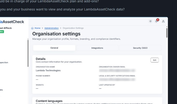 The Organization Settings page on the General tab, showing organization details and content languages