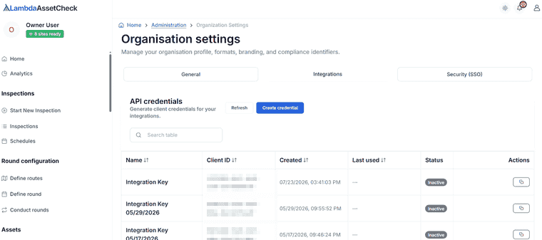 Creating an API credential on the Integrations tab — the API credentials table, then the Create API credential dialog where you name the credential