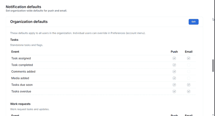 The Notification defaults screen, with events grouped by area and a Push and Email toggle for each event such as Task assigned, Task completed, and Tasks overdue