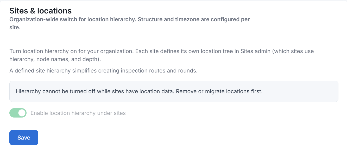 The Sites & locations section, with a toggle to enable location hierarchy for the organization