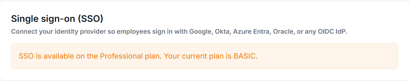 The Security (SSO) tab, showing single sign-on with support for Google, Okta, Azure Entra, Oracle, and other OIDC providers