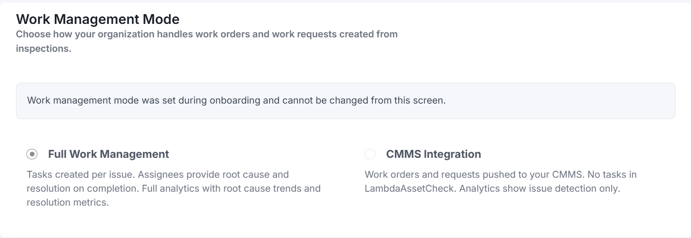 The Work Management Mode section, showing the Full Work Management and CMMS Integration options