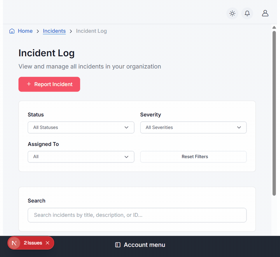 Reporting an incident end to end: Incident Log with Report Incident, choosing Near Miss, filling title description and site, then the Incident submitted confirmation