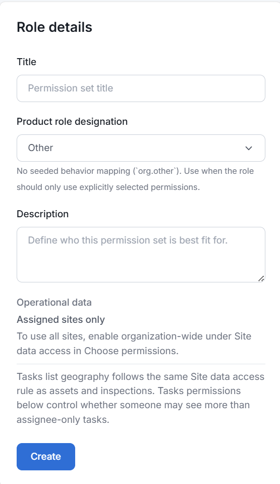 The Create Custom Role page — Role details on the left (title, product role designation, description) with the permissions chooser on the right