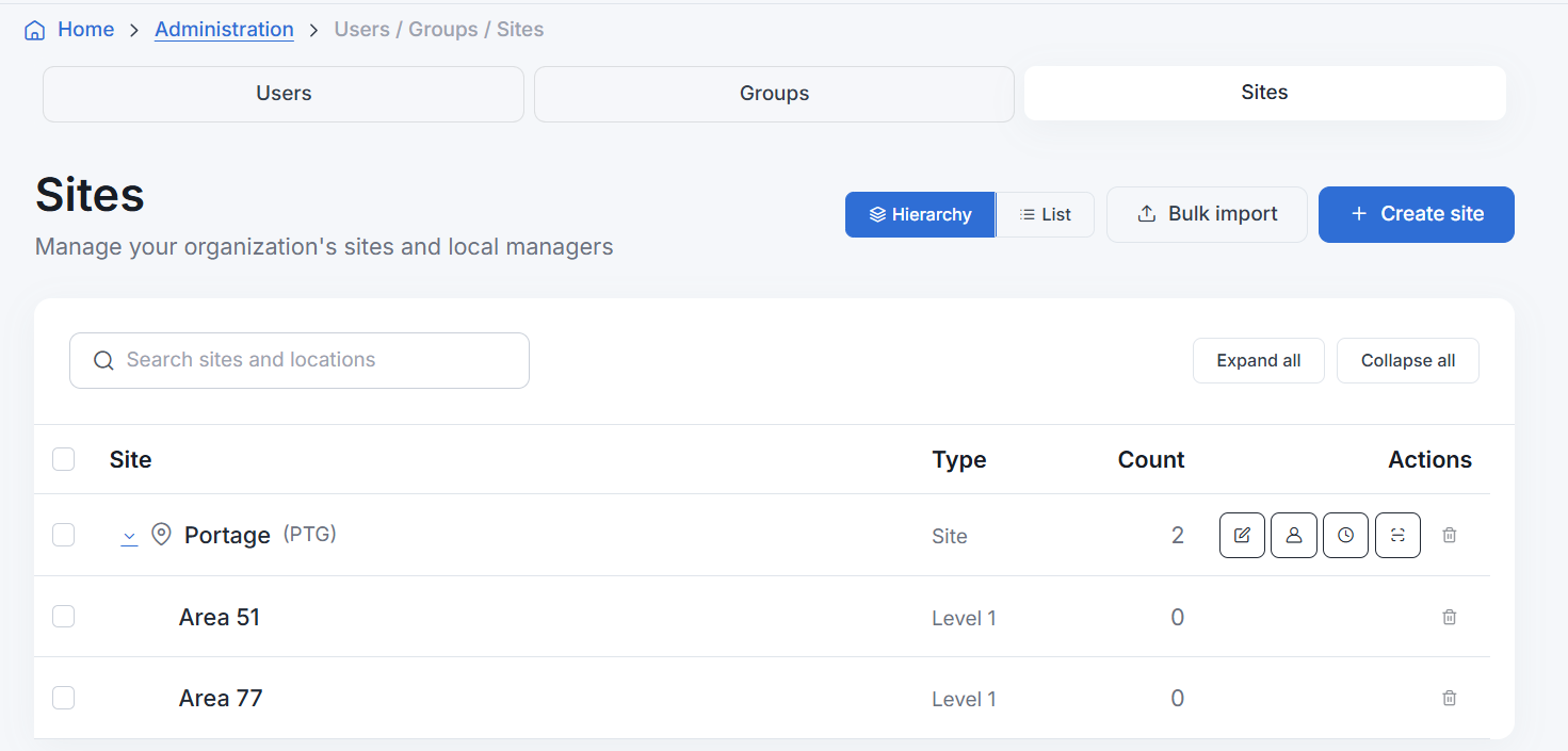 The Create Site page, with fields for the site name, code, address, and operation time zone