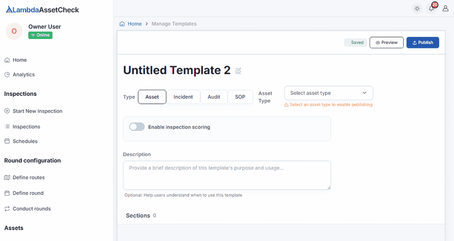 Building a template from scratch: naming it, enabling scoring, adding a section and question, and choosing a response type