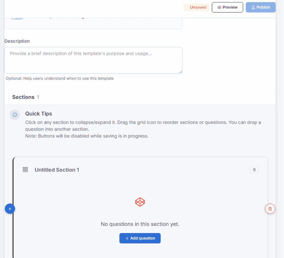 The template builder: adding sections and questions to a forklift inspection form.
